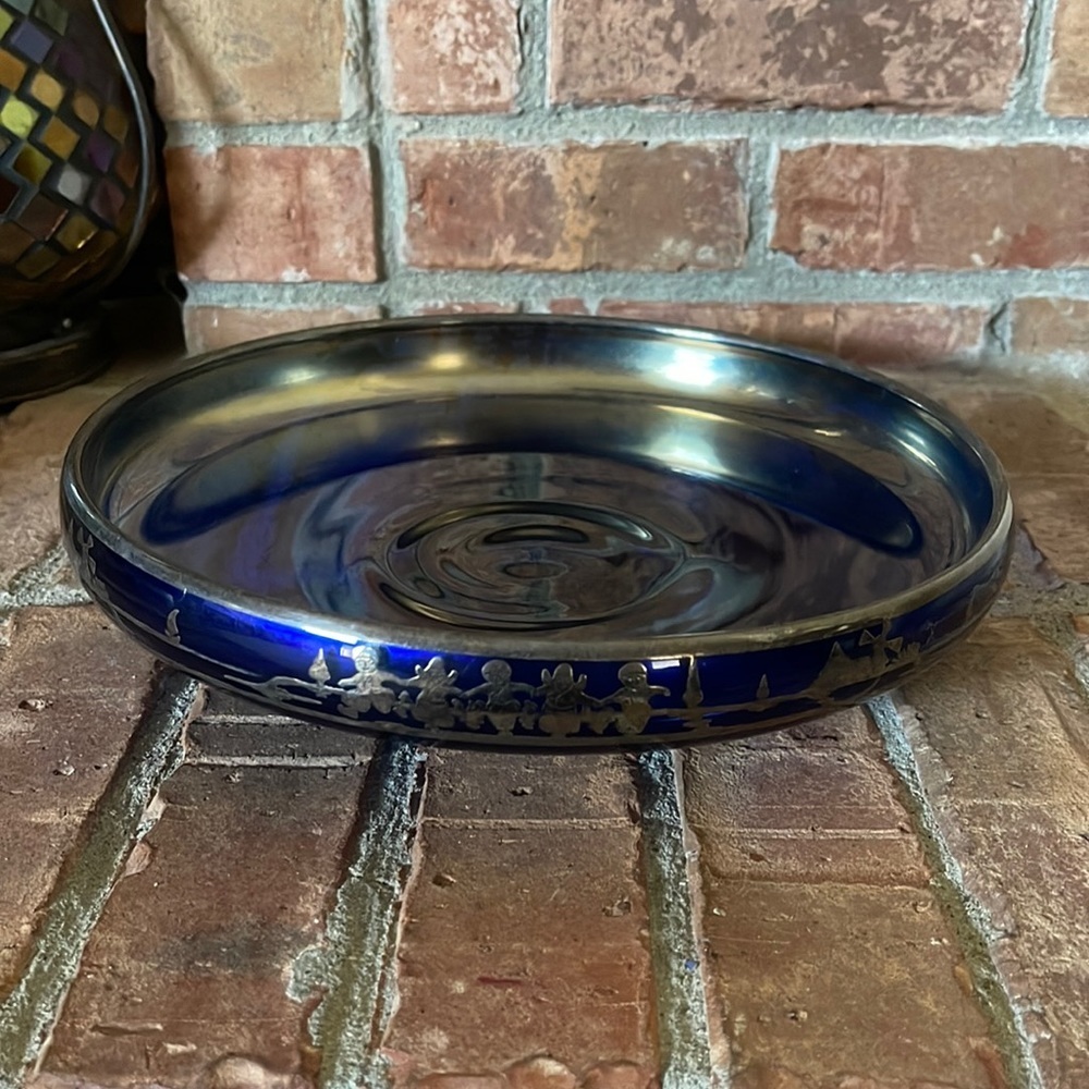 Vtg Rockwell Cobalt Blue Carnival Silver Overlay Dutch Console Bowl